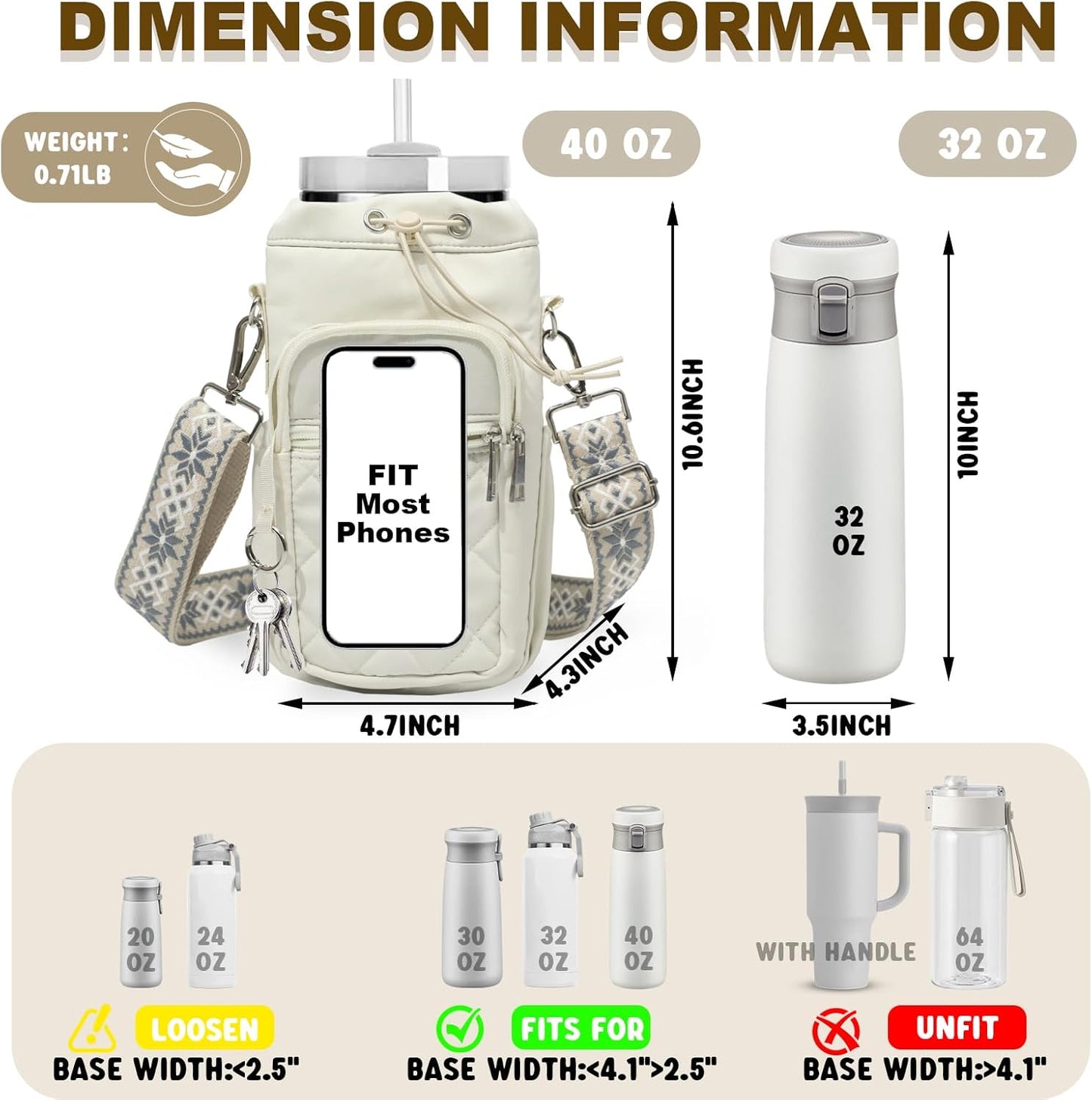 Water Bottle Holder with Strap, 32oz 40oz Insulated Water Bottle Carrier Bag, Purse Crossbody Sling Bag with Phone Pocket for Walking Hiking
