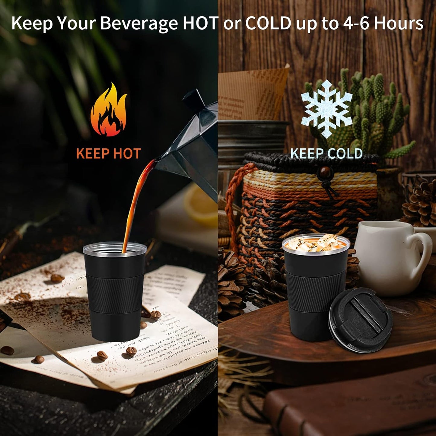 YINBAOGE Insulated Travel Coffee Mug, Spill & Leak Proof, Portable To Go Camping Stainless Steel Coffee Tumbler, Reusable Thermal Coffee Cup with Lid for Hot & Cold Drinks (Black, 12 OZ)