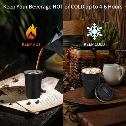 YINBAOGE Insulated Travel Coffee Mug, Spill & Leak Proof, Portable To Go Camping Stainless Steel Coffee Tumbler, Reusable Thermal Coffee Cup with Lid for Hot & Cold Drinks (Black, 12 OZ)