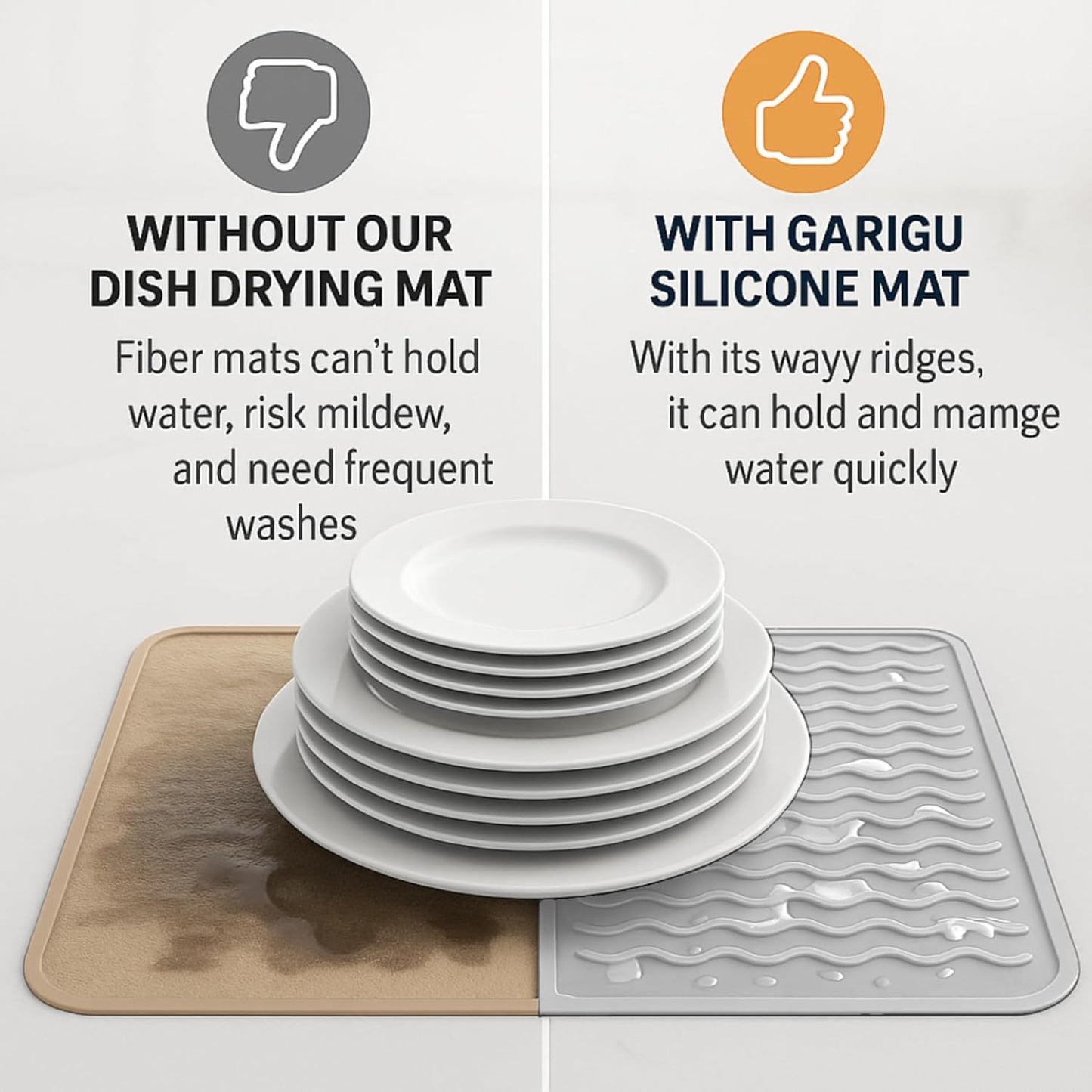 Silicone Drying Mat 16 × 12 – Gray Non-Slip Sink Mat for Kitchen Counter, Heat-Resistant Food-Grade Dish Pad, Easy-Clean Multipurpose Drawer Liner (Gray, 16'' x 12'')