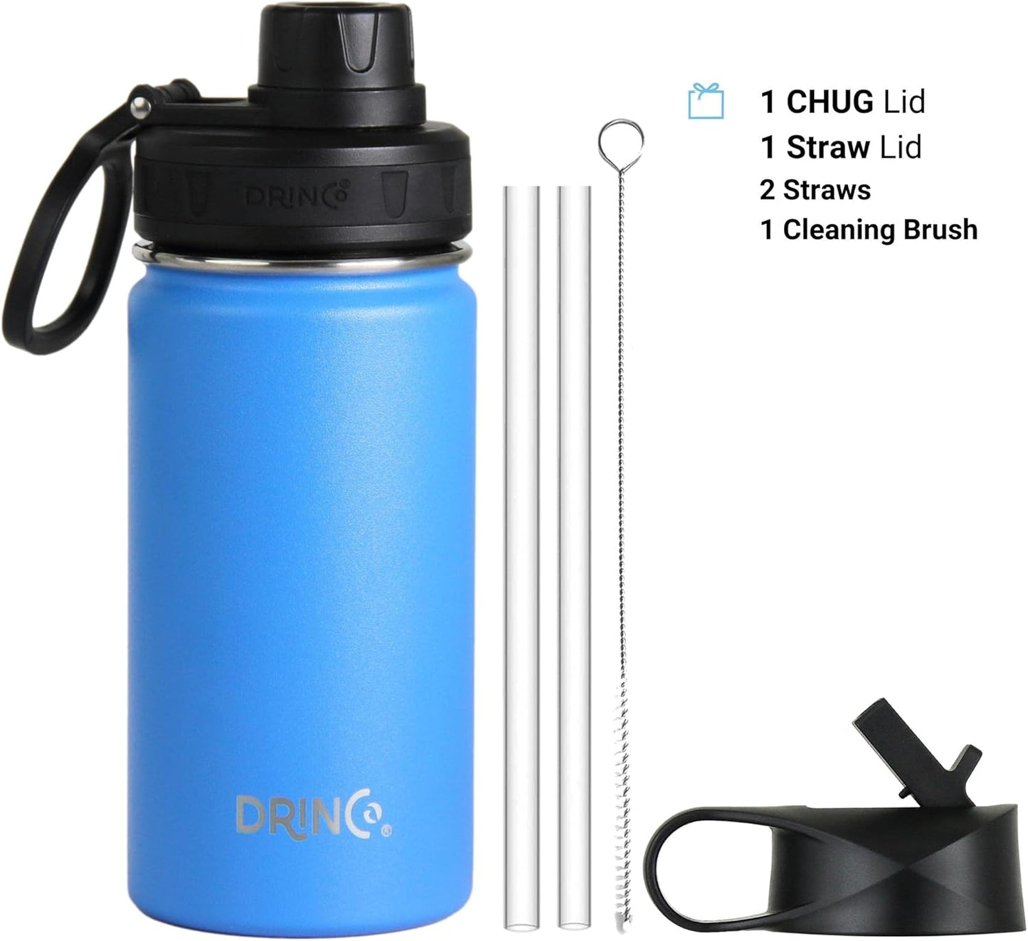 Drinco Stainless Steel Water Bottle Spout Lid Vacuum Insulated Double Wall Water Bottle Wide Mouth (40oz 32oz 22oz 18oz 14oz) Leak Proof Keep Cold Sport Camping Hiking (22 oz, 22oz Black)