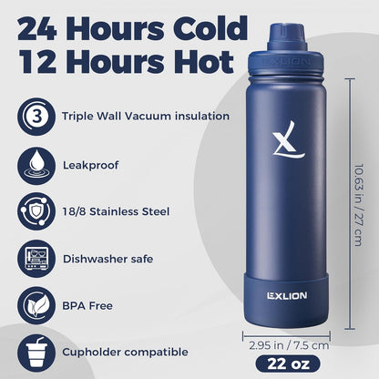 Lexlion Tea Infuser Water Bottle 32 Oz – Triple Wall Insulated Stainless Steel, Loose Leaf & Fruit Strainer, 3 Leakproof Lids, BPA-Free Silicone Sleeve, Reusable Thermal Mug
