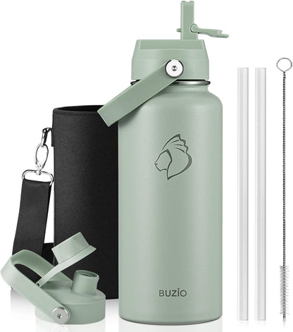 BUZIO 40oz Insulated Water Bottle, Triple Wall Vacuum Stainless Steel Water Flask with 2 lids, Lead-Free BPA-Free Straw Lid Sports Canteen Jug, Cold 48H & Hot 24H- Black - Colors A