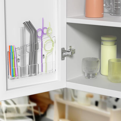 Acrylic Straw Holder for Cabinet - 9.5 Inch Clear Reusable Straw Organizer Dispenser with Ultra Sticky Adhesive Tapes, Slanted Kitchen Accessories Container Cupboard Door Mounted