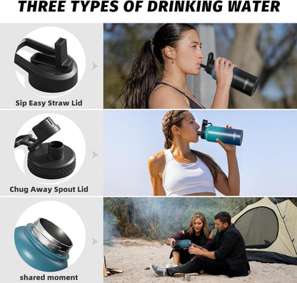 40oz Insulated Water Bottle (Cold for 48 Hrs),BPA Free&Leak Proof,Stainless Steel Water Flask,Water Jug with Straw Spout Lids for Gym,Hiking,Travel,Black Blue