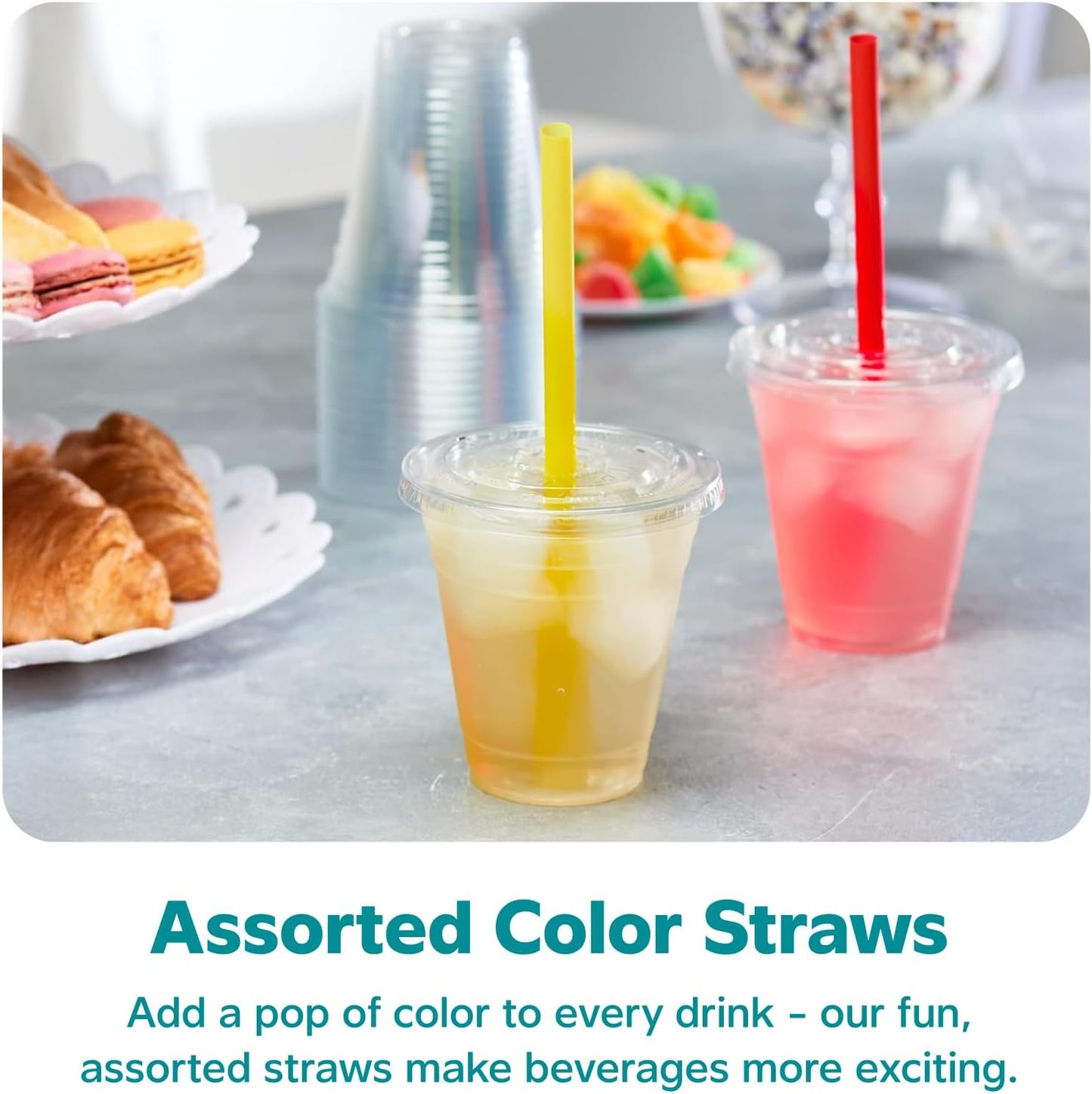 GUSTO [24 oz. - 100 Count Clear Cups with Flat Lids & Straws - Disposable Clear Drinking Cups for Iced Coffee, Cold Drinks, Milkshakes, and Smoothies - Formerly Comfy Package