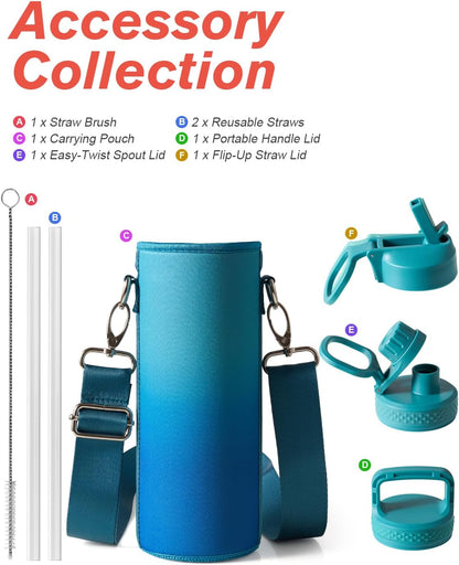 Half Gallon Water Bottle Insulated with Straw & 3 Lids, Coolflask 64 oz Water Jug Large Metal Stainless Steel Wide Mouth for Sports, Gym or Office, Non-BPA Keep Cold 48H Hot 24H, Samurai Cyan