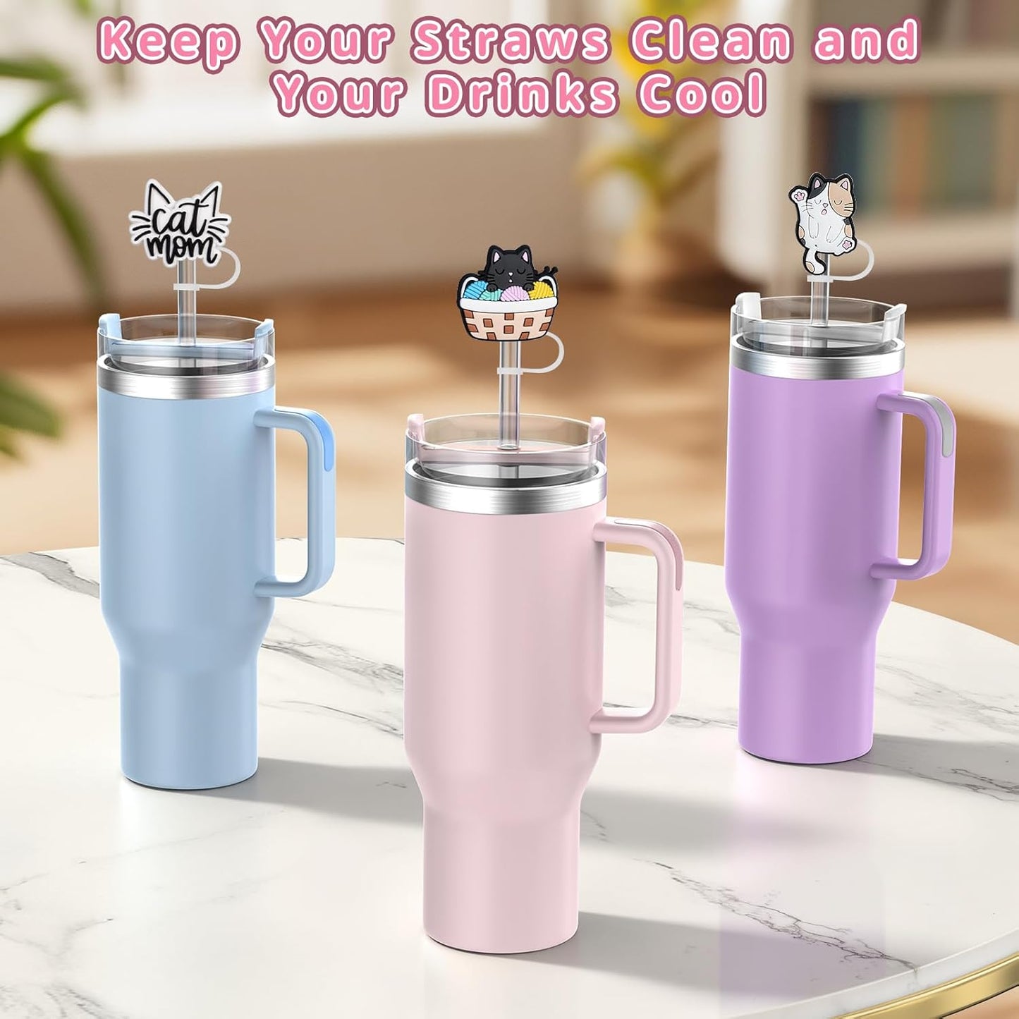 6PCS Straw Covers for Stanley Cup Tumbler 30 oz / 40 oz Leak Proof Straw Toppers 10mm Silicone Cute Straw Stopper Caps for Stanley Cup Accessories-Pink Mice