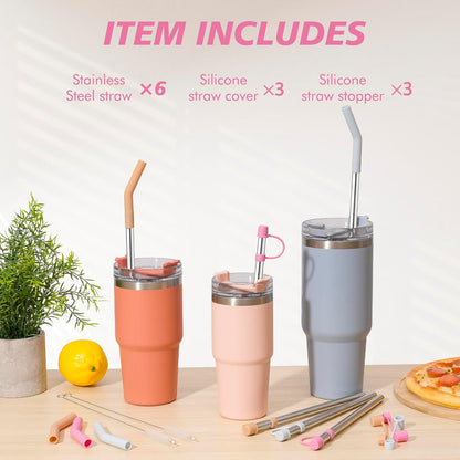 Jetstop 6 Straws with Cover for Stanley Tumbler, Reusable Stainless Steel Straws with Silicone Stoppers, Perfect for Stanley 40 oz Accessories (12 Inch 3 Straight and 3 Bent Straws Fit 40 oz)