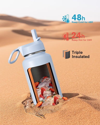 Half Gallon Water Bottle Insulated with Straw & 3 Lids, Coolflask 64 oz Water Jug Large Metal Stainless Steel Wide Mouth for Sports, Gym or Office, Non-BPA Keep Cold 48H Hot 24H, Samurai Cyan