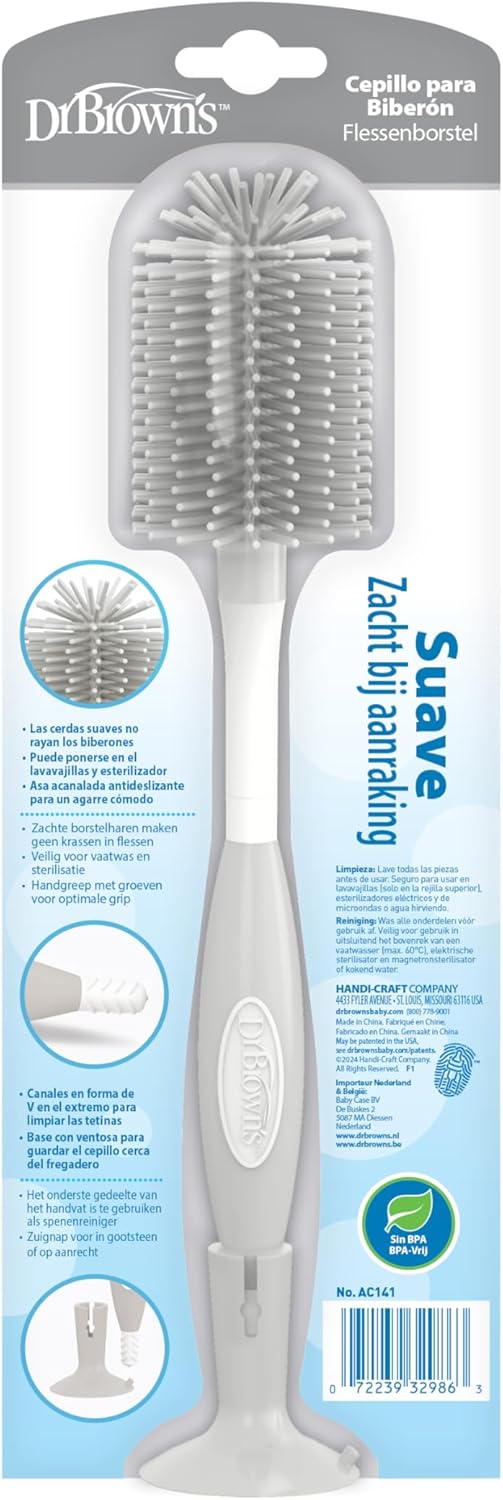 Dr. Brown's Soft Touch No Scratch Baby Bottle Cleaning Brush Nipple Cleaner with Stand and Storage Clip, BPA Free, Blue 1-Pack