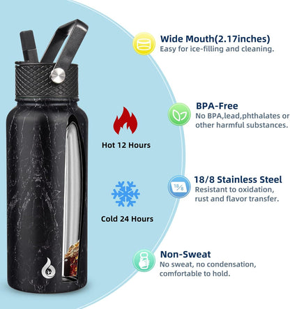 BJPKPK Insulated Water Bottles with Straw Lid, 40oz Stainless Steel Water Bottles with 3 Lids, BPA Free Leakproof Thermo, Tumblers, Cups for Sports, Gym- Midnight - Colors A