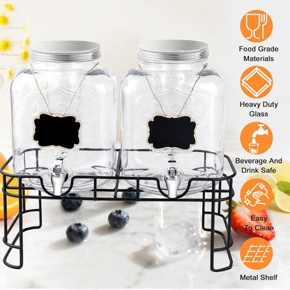 1 Gallon Glass Drink Dispensers For Parties-Set of 2,Drink Dispenser with Fruit Infuser & Stand,Juice or Beverage Dispenser for BBQ, Picnic, Party,Laundry Detergent Dispenser