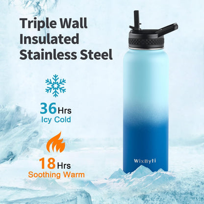 WixByti 40 oz Insulated Water Bottle with Straw (Cold for 36 Hrs), Stainless Steel Triple Wall Vacuum Sports Water Jug, Leakproof Hydro Cup Flask with Paracord Handle & Straw Spout Lids & DIY Stickers