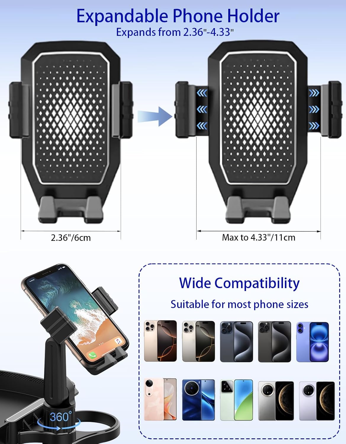 Car Cup Holder Tray - 5 in 1 Adjustable Car Cup Holder Expander with Food Tray Table and Phone Mount for All Purpose, Automotive Essentials for Driver and Front Passenger