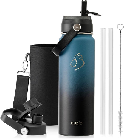 BUZIO 40oz Insulated Water Bottle, Triple Wall Vacuum Stainless Steel Water Flask with 2 lids, Lead-Free BPA-Free Straw Lid Sports Canteen Jug, Cold 48H & Hot 24H- Black - Colors B