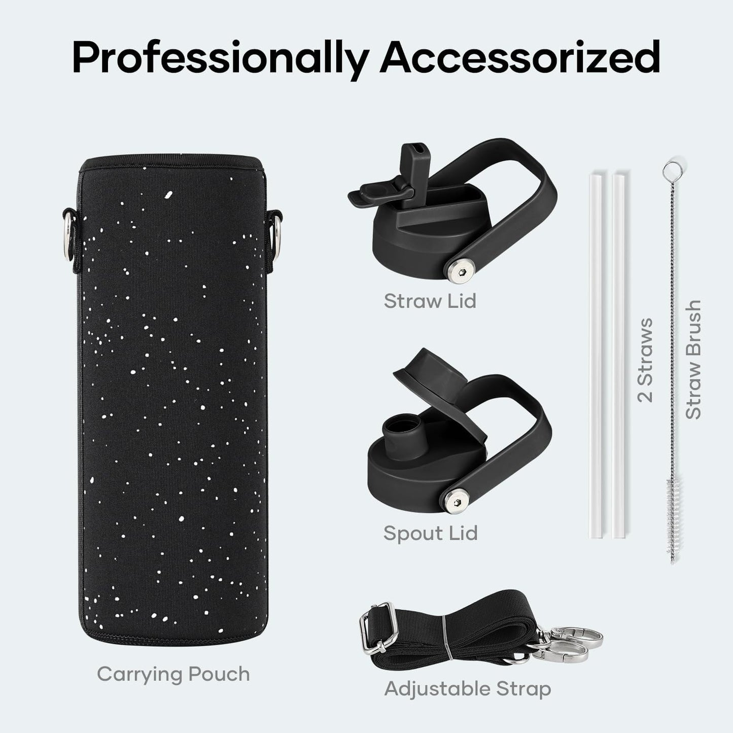 BUZIO 40oz Insulated Water Bottle, Triple Wall Vacuum Stainless Steel Water Flask with 2 lids, Lead-Free BPA-Free Straw Lid Sports Canteen Jug, Cold 48H & Hot 24H- Black - Colors A