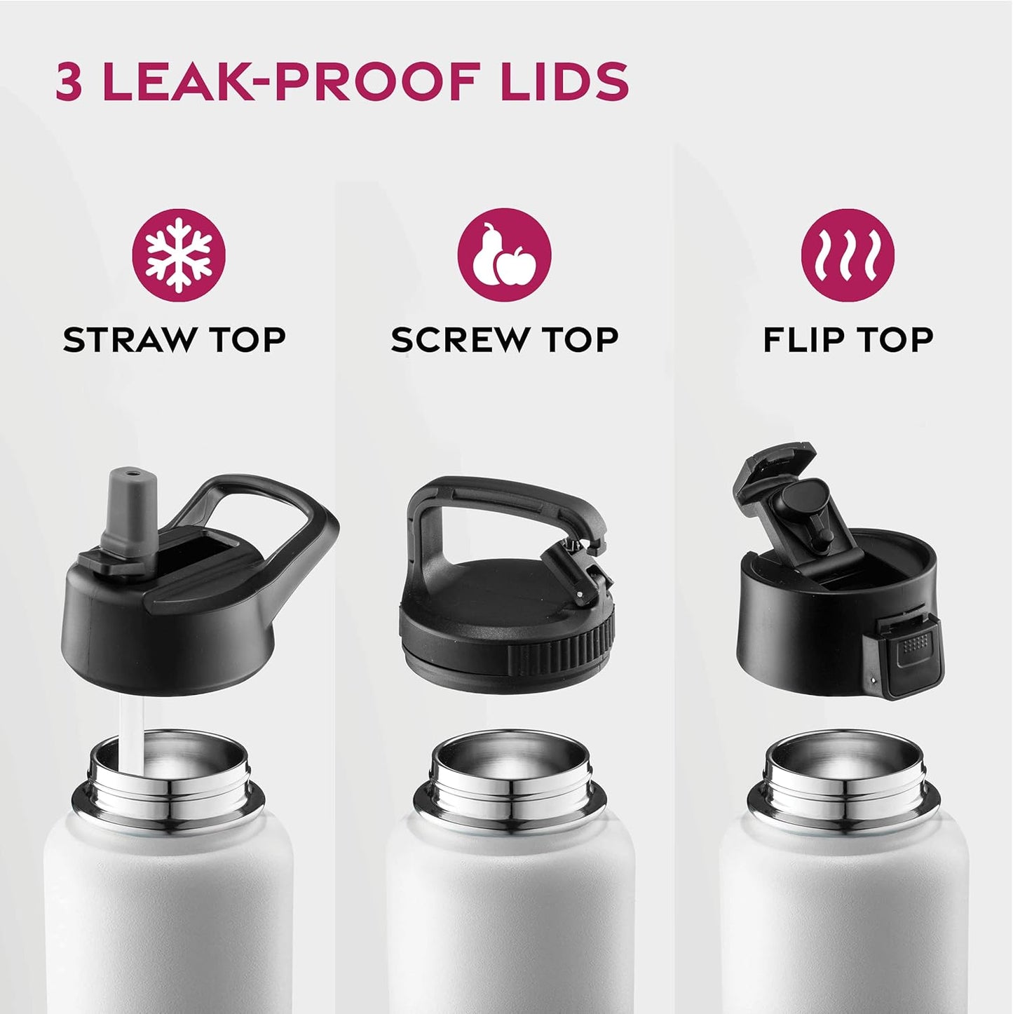 FineDine Water Bottle - Stainless Steel Insulated Water Bottle with Straw Lid, Flip Lid & Wide-Mouth Cap - Keeps Hot and Cold - 25 Oz / 739ml - Dreamy Purple