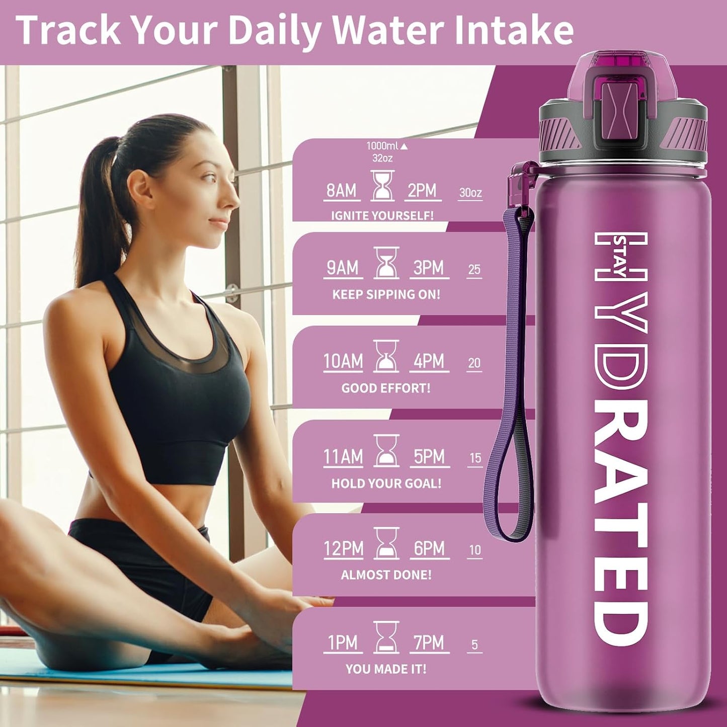 QLUR Water Bottle with Straw, 32oz Motivational Water Bottles with Time Marker to Drink, Tritan BPA Free, 1L Sports Water Bottle with Carry Strap LeakProof for Women Gym Fitness Outdoor (1 Pack)