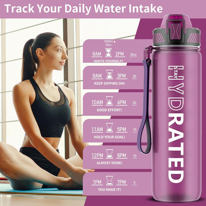 QLUR Water Bottle with Straw, 32oz Motivational Water Bottles with Time Marker to Drink, Tritan BPA Free, 1L Sports Water Bottle with Carry Strap LeakProof for Women Gym Fitness Outdoor (1 Pack)