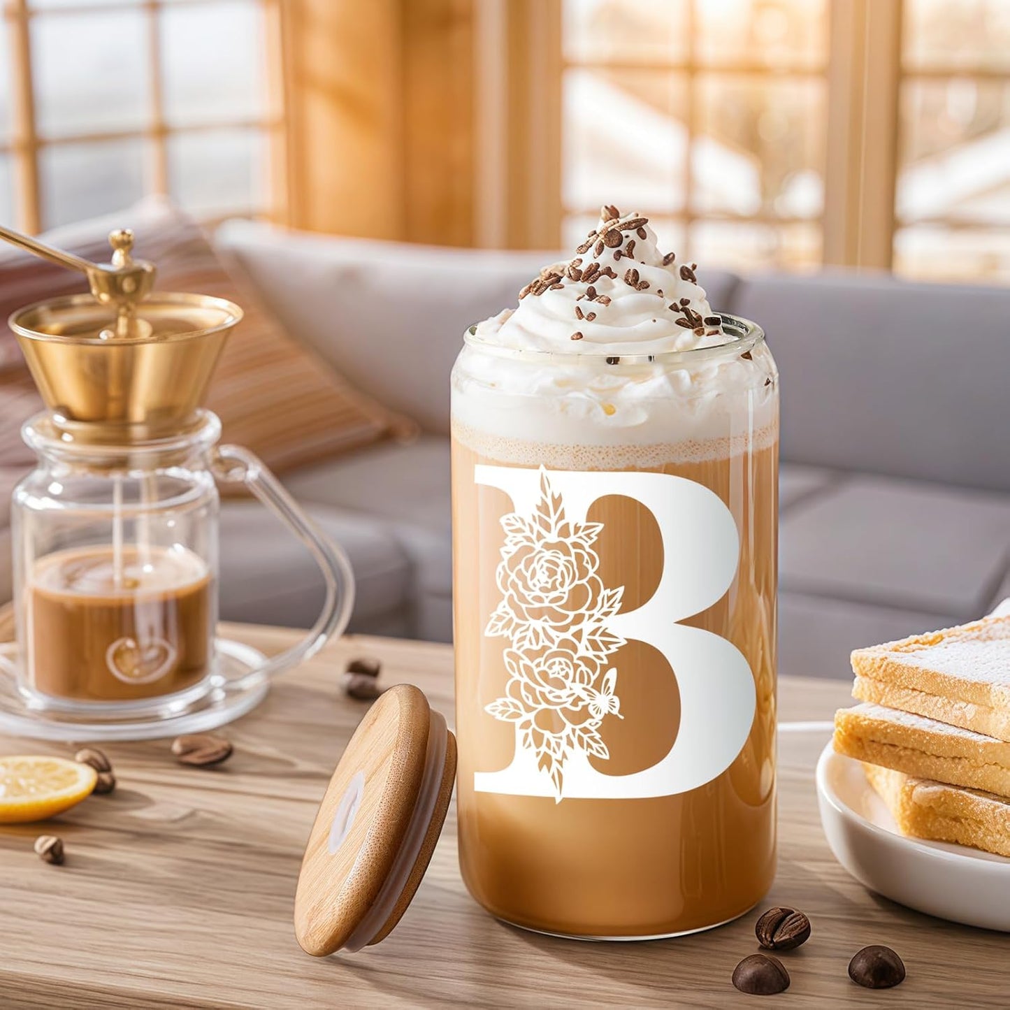 Glass Cups with Lids and Straws: Personalized Initial Glass Cup Be Used As Reusable Iced Coffee Cups with Lids,Cute Matcha Tumbler - The Christmas/Birthday Gifts for Women - M Smoothie Cup