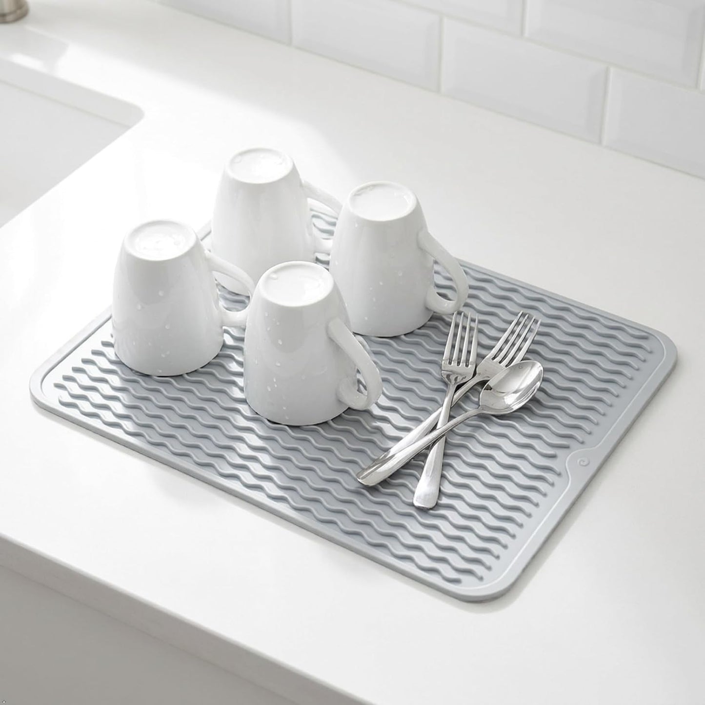 Silicone Drying Mat 16 × 12 – Gray Non-Slip Sink Mat for Kitchen Counter, Heat-Resistant Food-Grade Dish Pad, Easy-Clean Multipurpose Drawer Liner (Gray, 16'' x 12'')