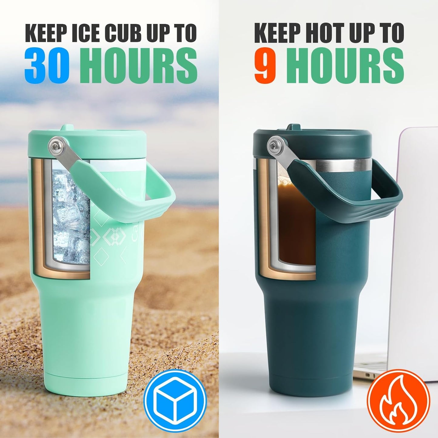 40 oz Insulated Tumbler with Top Handle and Flip Straw, Vacuum Insulated Stainless Steel Cup with Leak-Proof Lid, Sweat-Free, Fits Cup Holder, Keeps Ice Cold up to 30 Hours