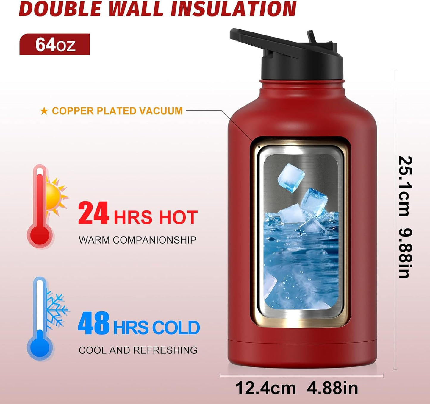 40oz Insulated Water Bottle (Cold for 48 Hrs),BPA Free&Leak Proof,Stainless Steel Water Flask,Water Jug with Straw Spout Lids for Gym,Hiking,Travel,Black Blue