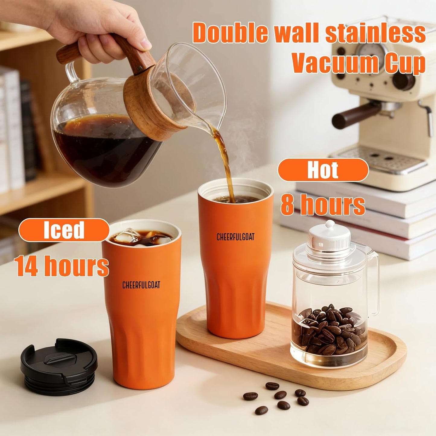 CHEERFUL GOAT Ceramic Lined Coffee Travel Tumbler - Stainless Steel Travel Mug with Ceramic Liner and Lid, 21 OZ Cup for Hot and Cold Beverages at Home or on the Go (Latte Ombre)