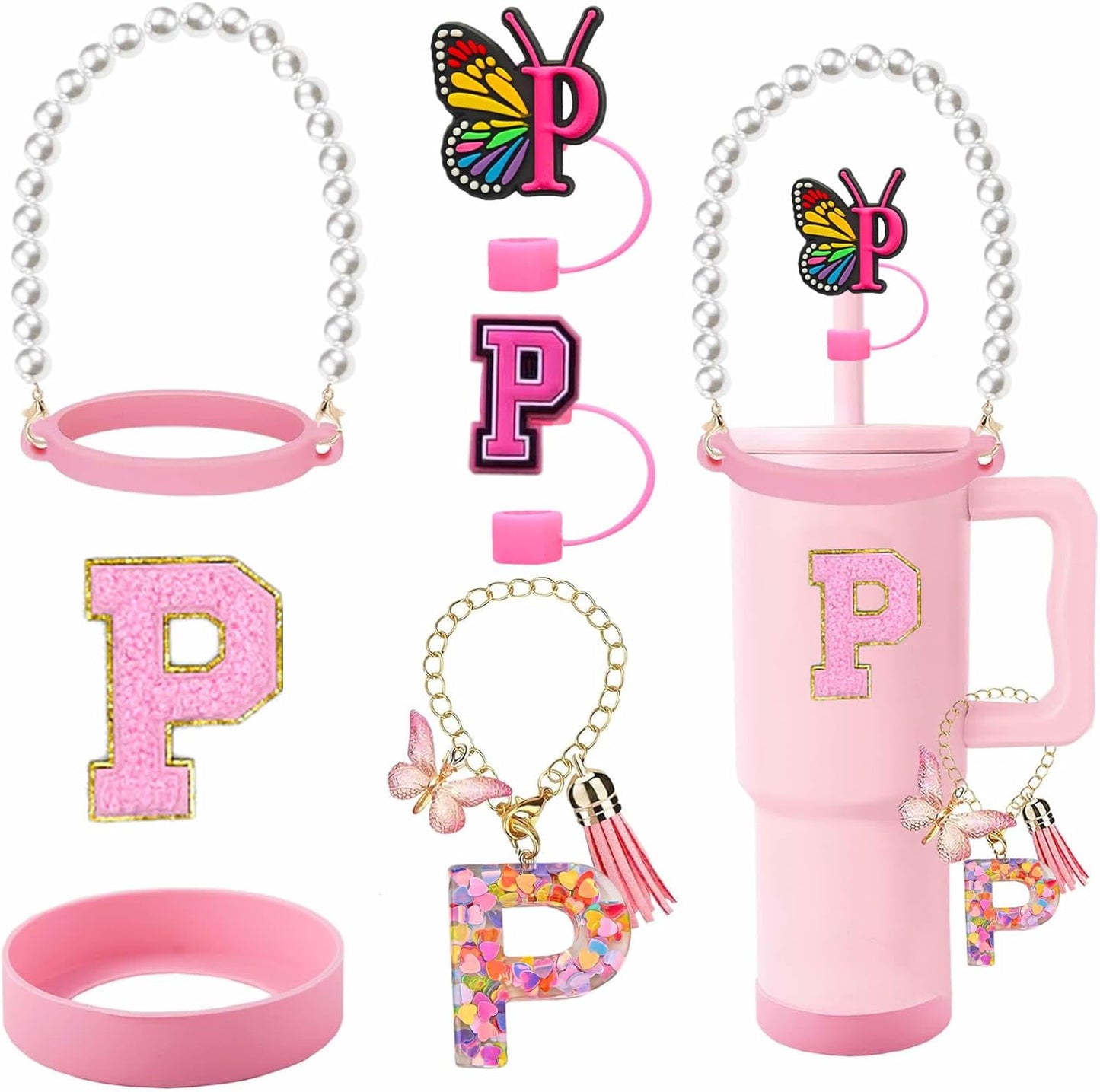 7pcs Cup Accessories for Stanley 30/40oz Tumbler, Handle Strap, Straw Cover, Silicone Boot, Letter Charm Stickers
