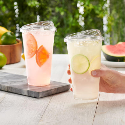 GUSTO Clear Plastic Cups with Lids [24 oz - 100 Count - Disposable Iced Coffee Drink Cups with Strawless Sip Lids for Smoothies, Juices, and More - (Formerly Comfy Package)