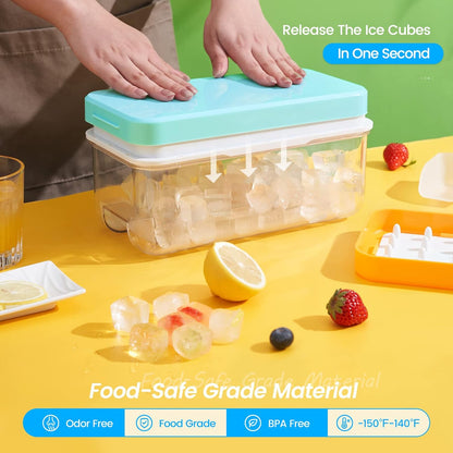 Ice Cube Tray with Lid and Bin, PHINOX 56 pcs Ice Trays for Freezer, Ice Cube Trays for Freezer with 2 trays, Container, Lid & Ice Scoop, BPA Free