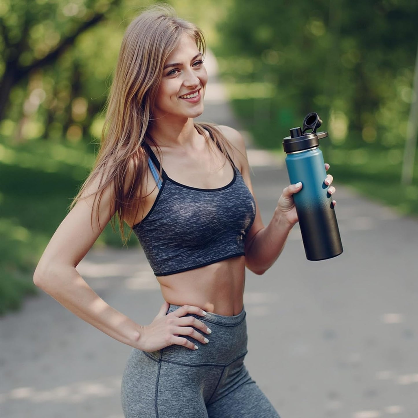 Fijinhom 24 oz Insulated Water Bottle with Handle, 304 Stainless Steel Water Bottles with Wide Mouth, Double Wall Vacuum Sports Water Bottle, BPA Free, Keep Cold and Hot, Black | with Handle
