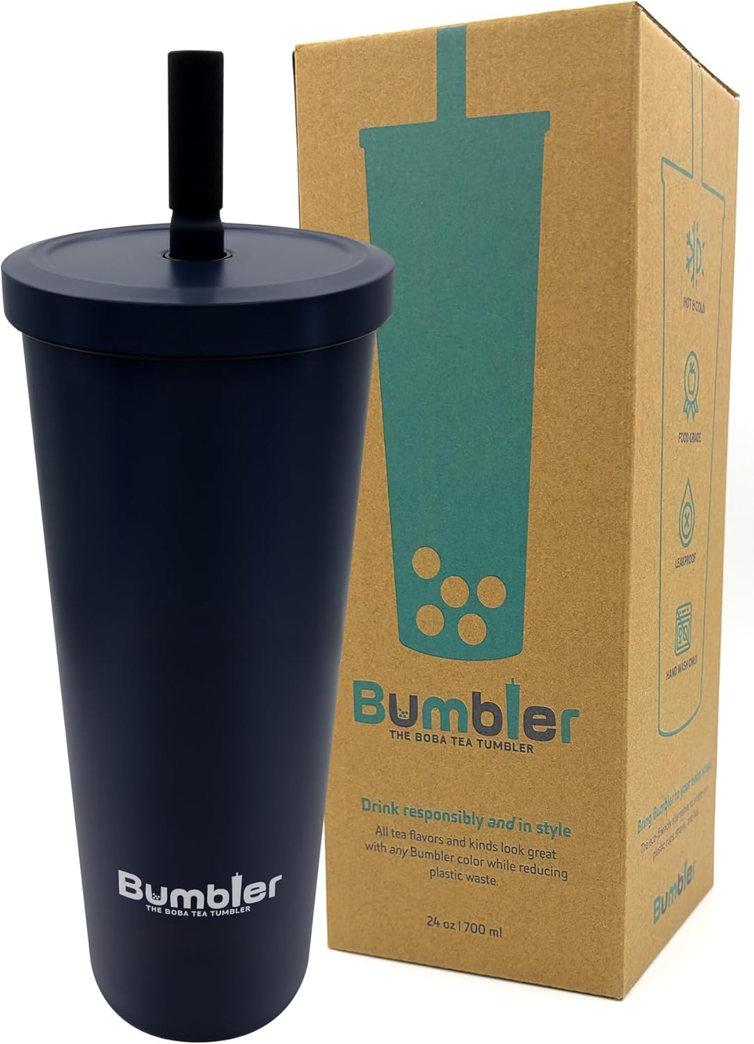 Bumbler Original Boba Tea Cup - 24oz Double-Walled Plastic Reusable Tumbler with Extra Wide Straw & Leak-Proof Lid - BPA-Free Smoothie & Iced Coffee Travel Mug - Blush Pink