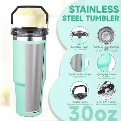 30oz Tumbler with Handle and Flip Straw Lid Double Wall Insulated Travel Coffee Mug Stainless Steel Vacuum Insulated Coffee Tumbler Cup for Hot and Cold Beverages,Leak-proof&BPA-free (30oz,Black)