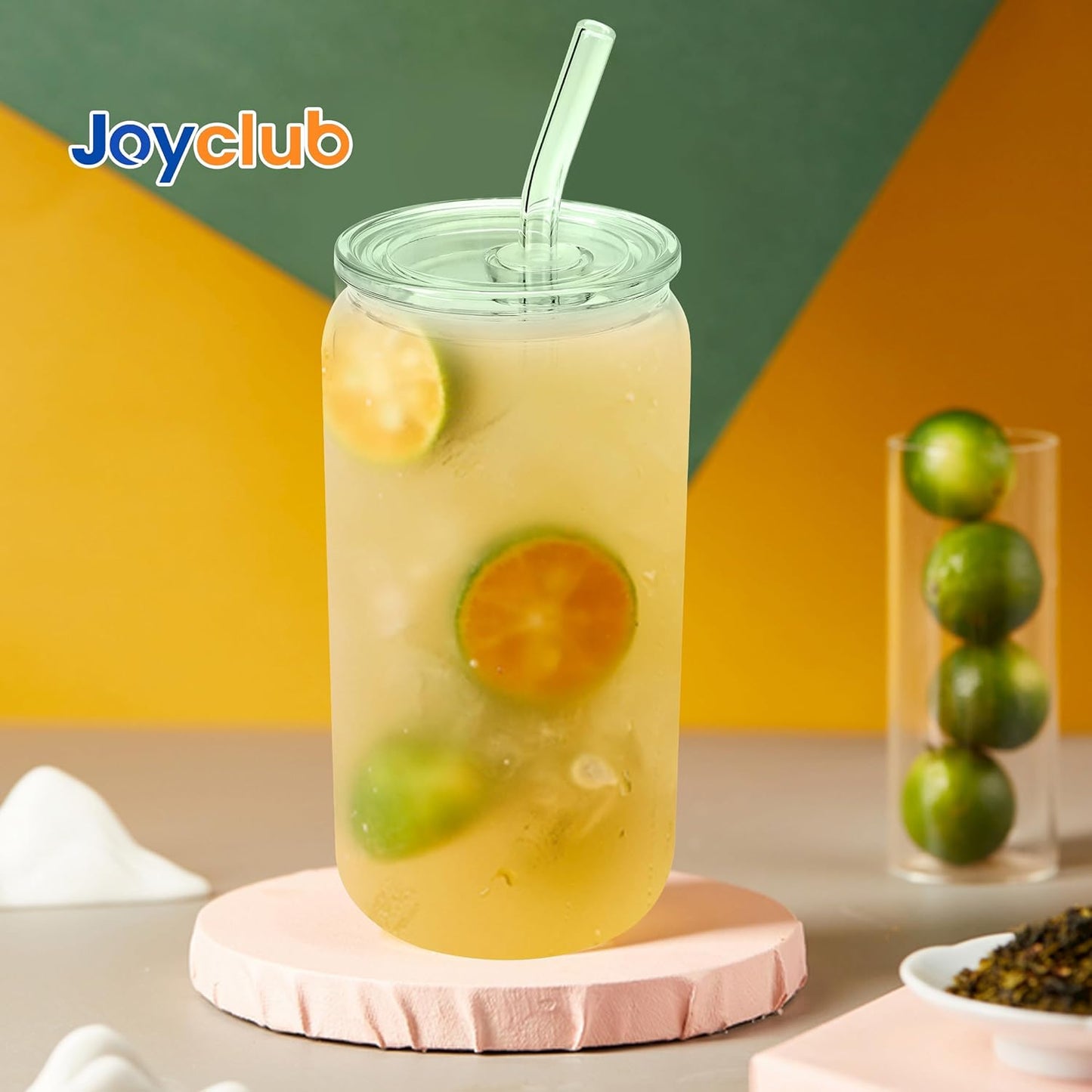Joyclub 8pcs 16 oz Glass Cups with Acrylic Lids and Straws Can Shaped Iced Coffee Glasses Cute Tumbler Set Drinking Jars for Smoothie Soda Boba Beer Party Housewarming Gifts