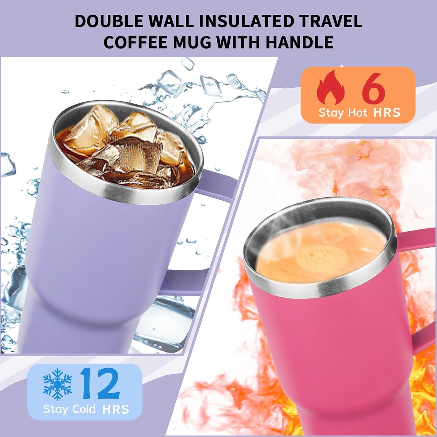 20oz Insulated Tumbler with Handle Stainless Steel Travel Coffee Mug with Lid and Straw Double Wall Vacuum Leak-proof Reusable Thermal Water Cup for Hot and Cold Drinks (Purple,1 Pack)