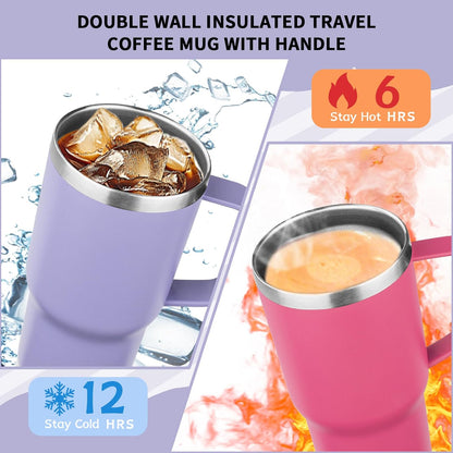 20oz Insulated Tumbler with Handle Stainless Steel Travel Coffee Mug with Lid and Straw Double Wall Vacuum Leak-proof Reusable Thermal Water Cup for Hot and Cold Drinks (Purple,1 Pack)
