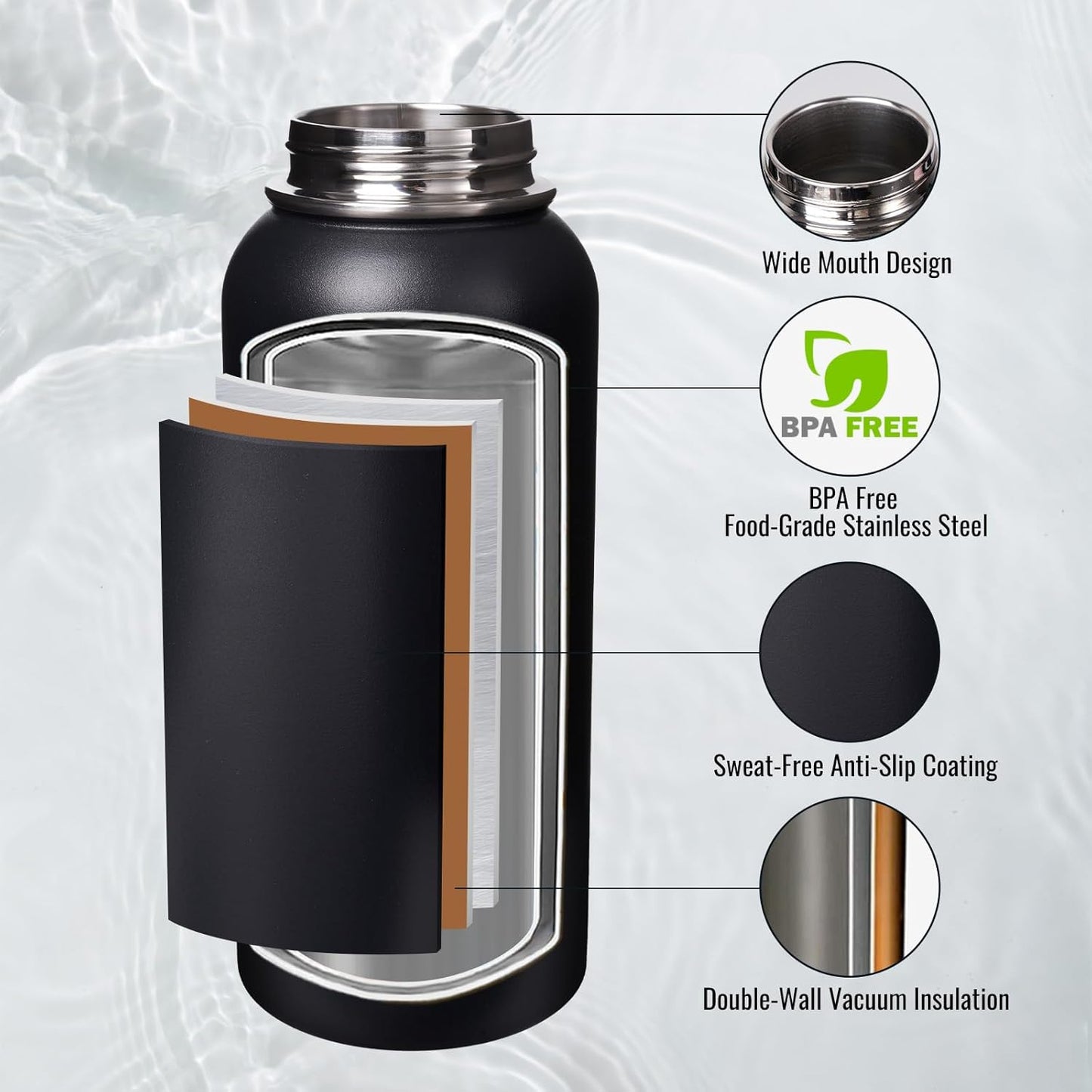 Fijinhom 24 oz Insulated Water Bottle with Handle, 304 Stainless Steel Water Bottles with Wide Mouth, Double Wall Vacuum Sports Water Bottle, BPA Free, Keep Cold and Hot, Black | with Handle