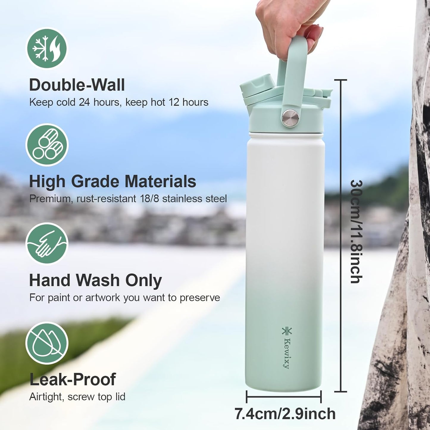 KEWIXY 32 oz Insulated Water Bottle, 2-in-1 Lid, Straw & Spout with Protected, Leak Proof, Keep Cold, Stainless Steel, Metal, Reusable, Handle, for Outdoor, Gym and School, 2 Lids, Blush Pink