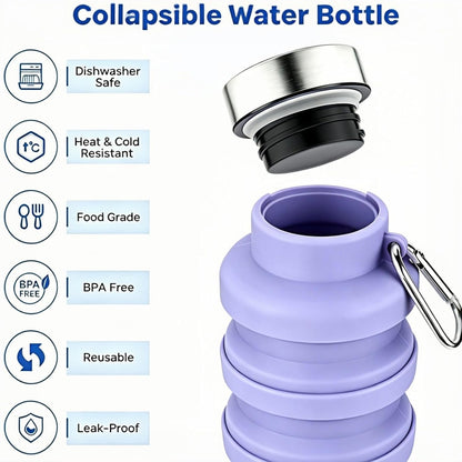 YCT Collapsible Water Bottle 17oz（500ml），Travel Portable Sport Water Bottle，Reusable Silicone Foldable Water Bottles for Gym Camping Hiking (Purple+Black)