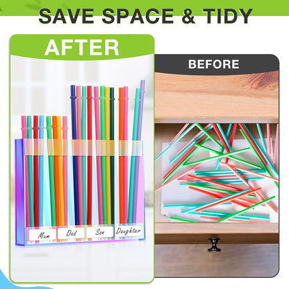 Qinyoung Acrylic Straw Holder for Cabinet Door with Double Sided Adhesive Tape Reusable Straw Organizer Tumbler Storage Kitchen Accessories Container for Counter Cupboard(Classic,Large,Transparent)