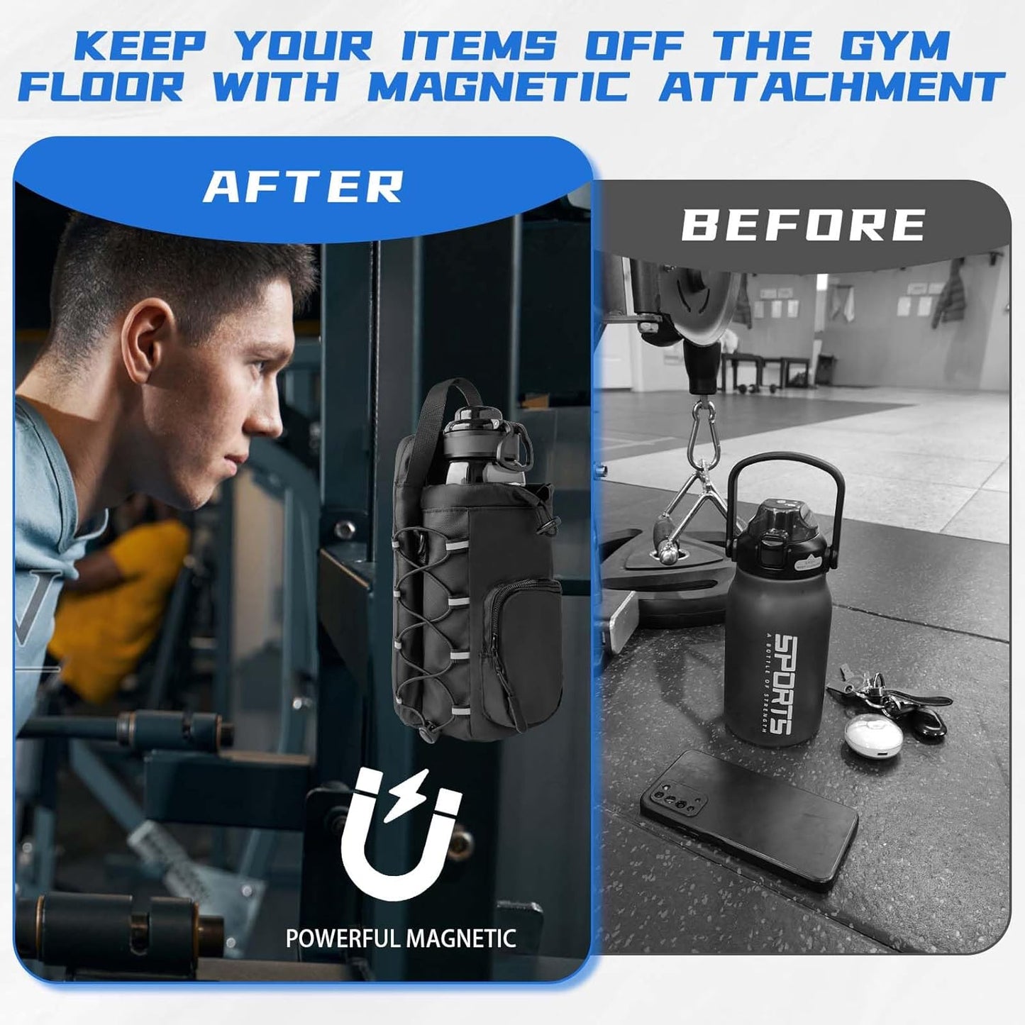 JACZZO Magnetic Gym Bag for Men and Women, Magnetic Water Bottle Holder for Gym, Small Gym Bag, Gym Gifts for Women and Men (Black, <40 OZ)