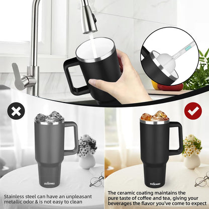20 oz Insulated Coffee Mug with Ceramic Coating, Stainless Steel Travel Mug Tumbler with Handle Lid and Straw, Double Wall Leak-Proof Coffee Travel Mug Keeps Drink Hot and Cold (Black)