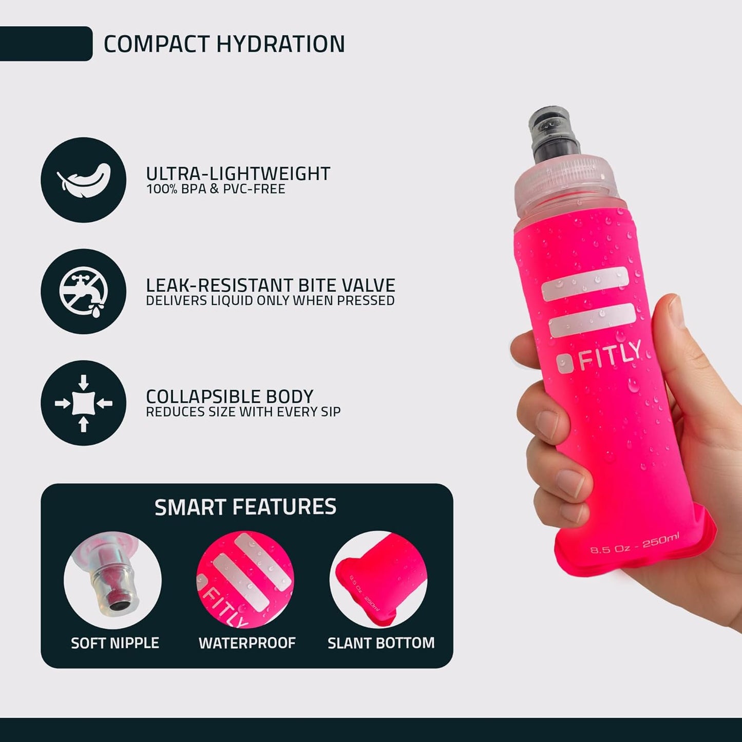 FITLY Soft Flask - Shrink As You Drink Soft Water Bottle for Hydration Pack - Folding Water Bottle Ideal for Running, Hiking, Cycling, Climbing & Rigorous Activity