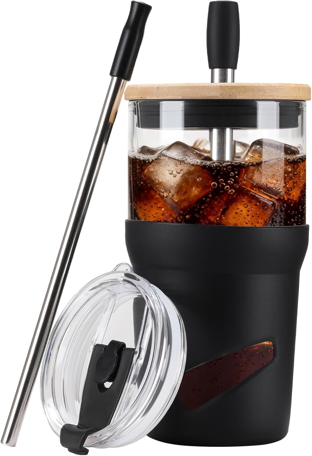 Glass Tumbler with Lids and Straws, 20 oz Iced Coffee Cup and Smoothie Cup with Bamboo Lid and On the go Lid,Glass Cups With Straws