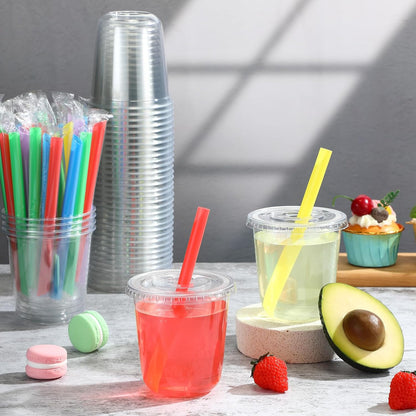Ziliny 50 Sets 12 oz Clear Cups with Lids and Jumbo Smoothie Straws Disposable Plastic Cups for Smoothies, Bubble Milk Tea, Milkshakes, Cold Drinks (Multicolor)