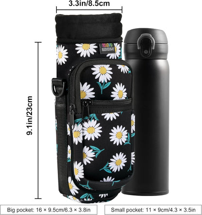 Nuovoware Water Bottle Carrier Bag,25oz/40oz/64oz Bottle Pouch Holder,Adjustable Shoulder Hand Strap 2 Pocket Sling Neoprene Sleeve Sports Accessories for Hiking Travelling Camping