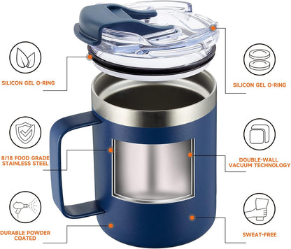 12oz Insulated Coffee Mug Cup with Handle, Stainless Steel Travel Coffee Mug with Flip Lid, Double Wall Vacuum Coffee Tumbler, Navy