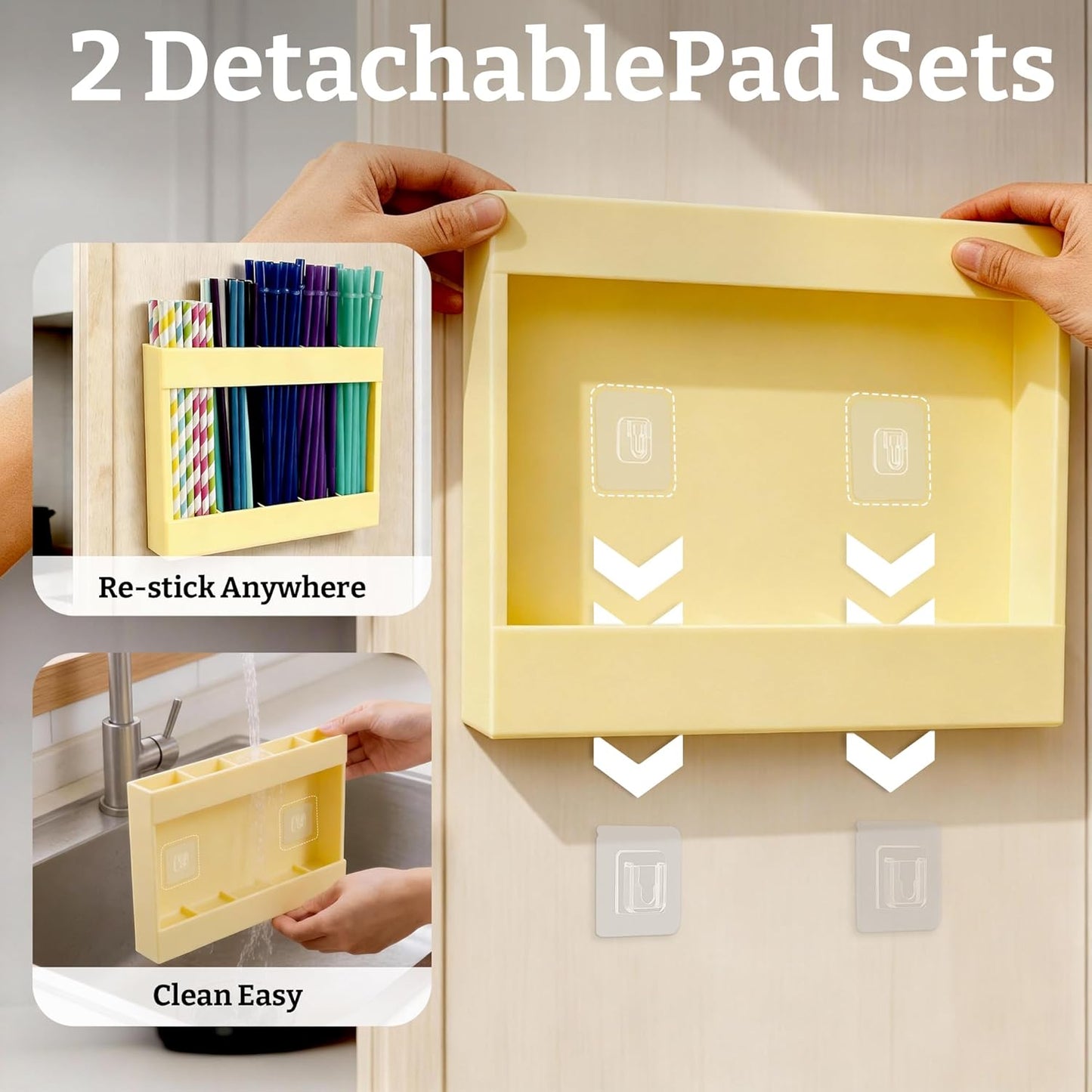 9.5” Large Acrylic Straw Holder for Cabinet Door with Detachable Ultra Sticky Adhesive Squares and Stickers, 2026 Reusable Straws Organizer Storage Dispenser for Kitchen Counter Cupboard